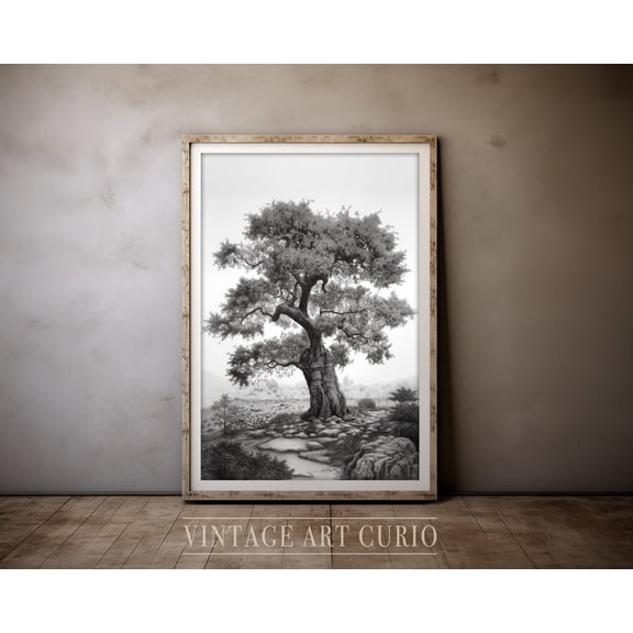 Landscape Sketch, Rustic Country Farmhouse Decor, Vintage Etching Drawing, Antique Scenery Art Print Unframed Paper Print
