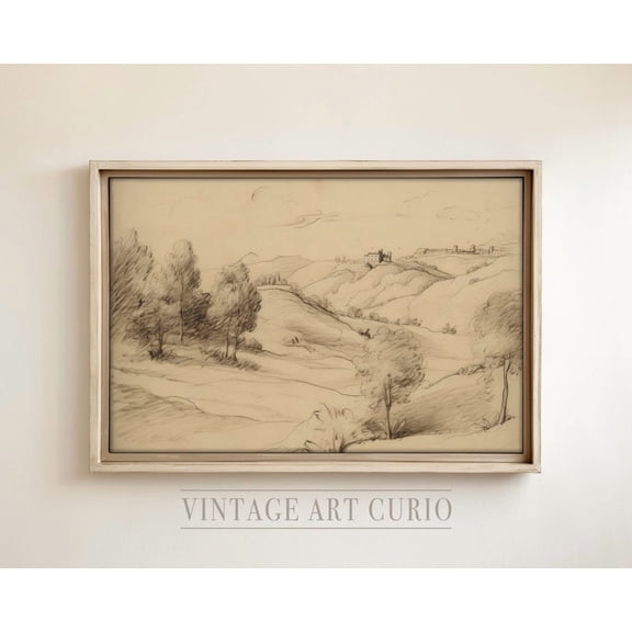 Landscape Sketch, Rustic Country Farmhouse Decor, Vintage Etching Drawing, Vintage Sketch Drawing Unframed Paper Print