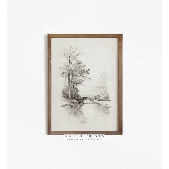 Landscape Sketch Vintage Etching Bridge Trees Drawing #368