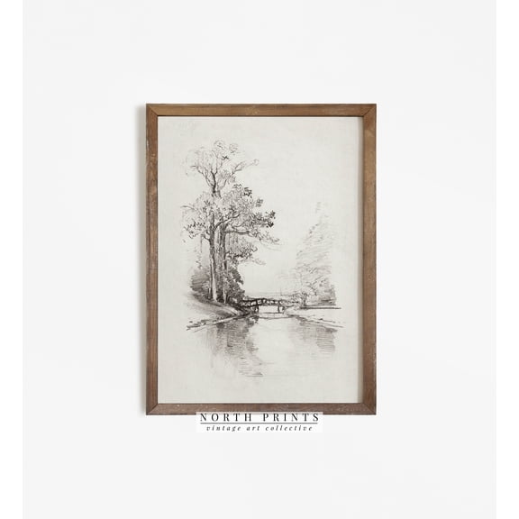 Landscape Sketch | Vintage Etching | Bridge Trees Drawing Printable #368 UNFRAMED Poster, Wall Art for Decor, Present, 8x12