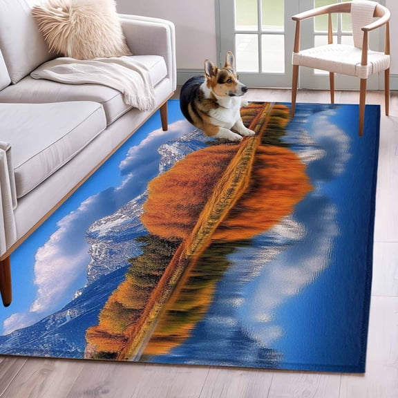 Landscape Sky 4x6 Area Rugs for Living Room, Modern Forest Lake Maple Snow Mountain Non Slip Floor Mat Washable Low-Profile Indoor Carpet for Bedroom, Dining Room, Bathroom