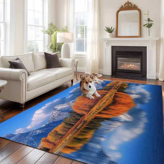 Landscape Sky 5x7 Area Rugs for Living Room, Modern Forest Lake Maple Snow Mountain Non Slip Floor Mat Washable Low-Profile Indoor Carpet for Bedroom, Dining Room, Bathroom