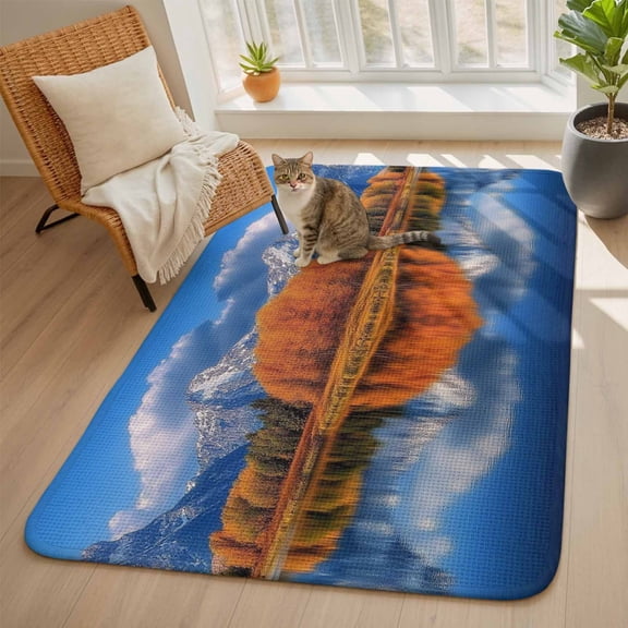 Landscape Sky Area Rugs for Living Room 5x6, Modern Forest Lake Maple Snow Mountain Washable Area Rug with Non Slip Backing, Stain Resist Linen Carpet for Bedroom, Dining Room, Entryway, Entrance