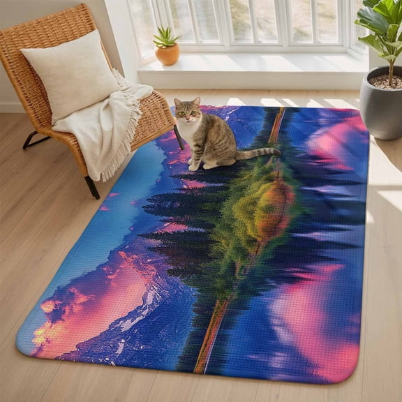 Landscape Sky Area Rugs for Living Room 5x6, Modern Snow Mountain Lake Forest Washable Area Rug with Non Slip Backing, Stain Resist Linen Carpet for Bedroom, Dining Room, Entryway, Entrance