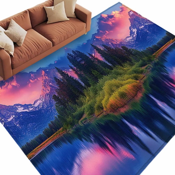 Landscape Sky Area Rug 5x7ft Modern Snow Mountain Lake Forest Non-Slip Washable Square Rugs Soft Felt Indoor Floor Mat for Bedroom Kitchen Living Room Bathroom