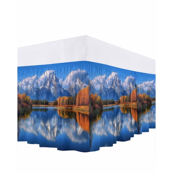 Landscape Sky Bed Skirt California King Size 16" Drop Modern Forest Lake Maple Snow Mountain Ruffled Wrap Around Bed Skirts Adjustable Elastic Bedskirt Dust Ruffle for California King Size Bed