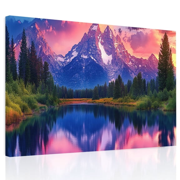 Landscape Sky Canvas Print Wall Art, Modern Snow Mountain Lake Forest Wall Decor Modern Artwork Paintings Pictures for Living Room Framed and Stretched Ready to Hang, 12" x 16"