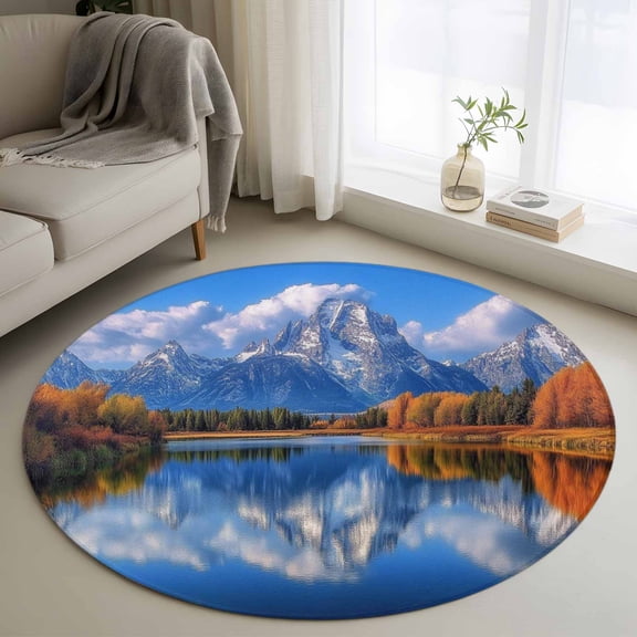 Landscape Sky Round Rugs for Living Room 4ft Modern Forest Lake Maple Snow Mountain Non Slip Circle Rug Washable Low-Profile Indoor Carpet for Bedroom, Dining Room, Bathroom