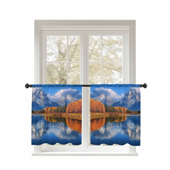 Landscape Sky Sheer Curtains 2 Panels Set Modern Forest Lake Maple Snow Mountain Lihgt Filtering Rod Pocket Voile Drape, Semi Sheer Window Curtains for Bedroom Living Room, 52"x54"