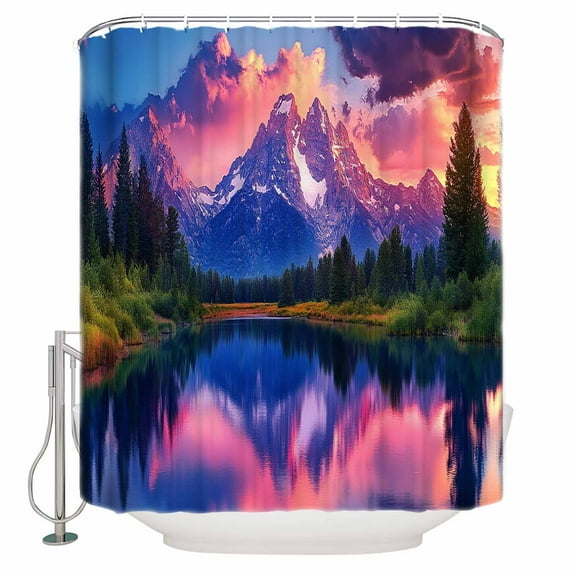 Landscape Sky Shower Curtain, 72" x 72", Modern Snow Mountain Lake Forest Waterproof Bathroom Curtain Washable Shower Curtain Set with 12 Hooks