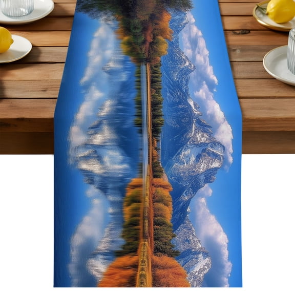 Landscape Sky Table Runner, Modern Forest Lake Maple Snow Mountain Cotton Linen Table Cloth, Tablerunner for Kitchen Dining Party Wedding Home Decor 13x36 Inch