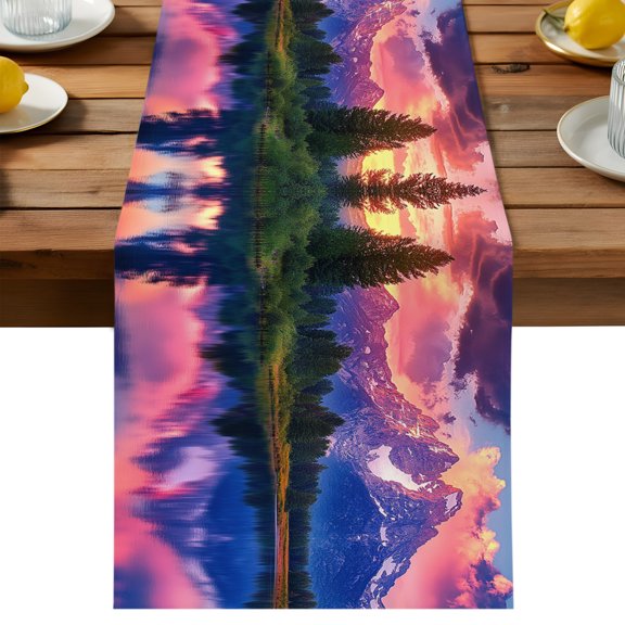 Landscape Sky Table Runner, Modern Snow Mountain Lake Forest Cotton Linen Table Cloth, Tablerunner for Kitchen Dining Party Wedding Home Decor 13x36 Inch