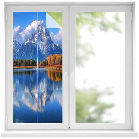 Landscape Sky Window Privacy Film 17.7x39.3in Modern Forest Lake Maple Snow Mountain Decorative Window Film with Static Cling, UV Filtering Window Cling Privacy Film for Glass Doors and Windows