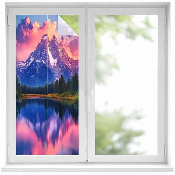 Landscape Sky Window Privacy Film 17.7x39.3in Modern Snow Mountain Lake Forest Decorative Window Film with Static Cling, UV Filtering Window Cling Privacy Film for Glass Doors and Windows