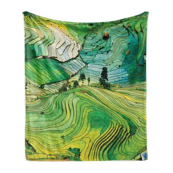 Landscape Soft Flannel Fleece Blanket, Aerial Vista Photo of Nature Scenery Abstract Fields with Rocks and Trees Print, Cozy Plush for Indoor and Outdoor Use, 60" x 80", Multicolor, by Ambesonne