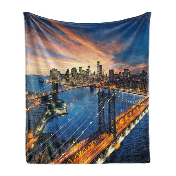 Landscape Soft Flannel Fleece Blanket, American City Sunset over Manhattan and Brooklyn Bridge Cityscape Picture Print, Cozy Plush for Indoor and Outdoor Use, 50" x 60", Multicolor, by Ambesonne