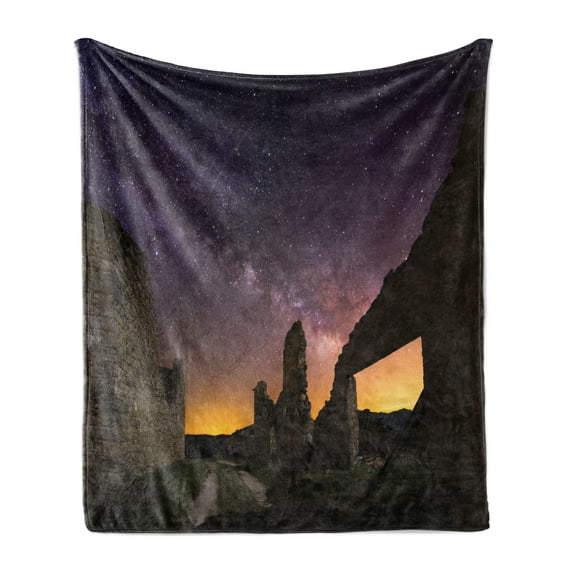 Landscape Soft Flannel Fleece Blanket, Antique Ruin at Starry Night Celestial Road Roman Dated Aged Heritage Back Then Theme, Cozy Plush for Indoor and Outdoor Use, 60" x 80", Indigo, by Ambesonne