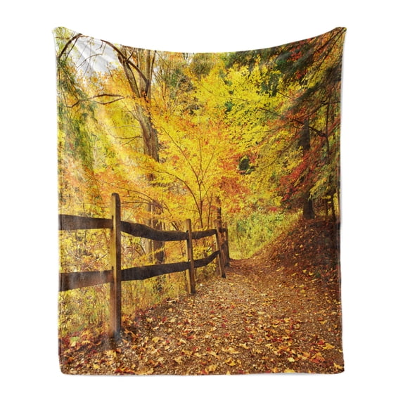 Landscape Soft Flannel Fleece Blanket, Autumn Season Fall Trees Leaves on Pathway to Forest with Fence Photo, Cozy Plush for Indoor and Outdoor Use, 50" x 70", Ginger Yellow Marigold, by Ambesonne
