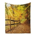 thumbnail image 1 of Landscape Soft Flannel Fleece Blanket, Autumn Season Fall Trees Leaves on Pathway to Forest with Fence Photo, Cozy Plush for Indoor and Outdoor Use, 60" x 80", Ginger Yellow Marigold, by Ambesonne, 1 of 5