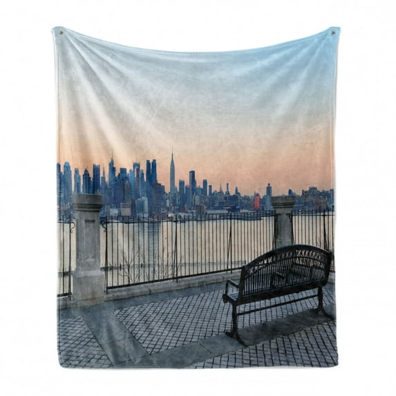 Landscape Soft Flannel Fleece Blanket, Bench in New York City Midtown Manhattan Sunset Hudsn River Skyline Scenery Photo, Cozy Plush for Indoor and Outdoor Use, 50" x 70", Multicolor, by Ambesonne