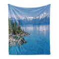 thumbnail image 1 of Landscape Soft Flannel Fleece Blanket, Blue Waters of Lake Tahoe Snowy Mountains Pine Trees Rocks Relax Shore, Cozy Plush for Indoor and Outdoor Use, 70" x 90", Pale Blue Green Grey, by Ambesonne, 1 of 5