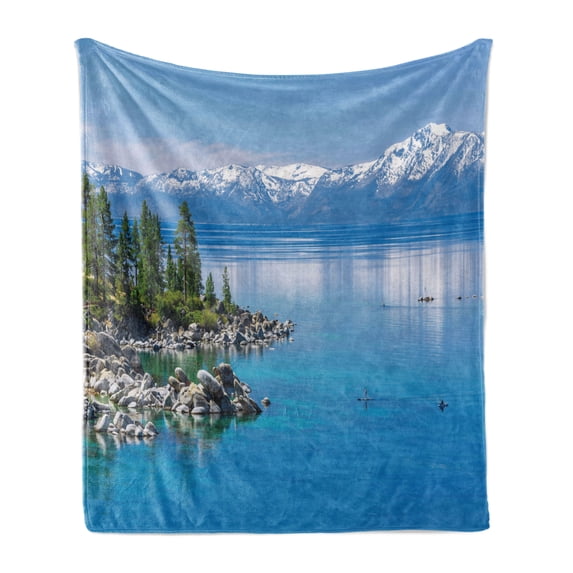 Landscape Soft Flannel Fleece Blanket, Blue Waters of Lake Tahoe Snowy Mountains Pine Trees Rocks Relax Shore, Cozy Plush for Indoor and Outdoor Use, 70" x 90", Pale Blue Green Grey, by Ambesonne