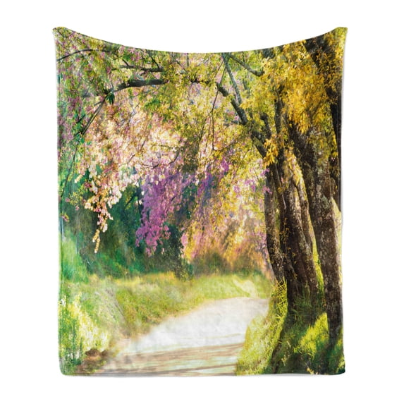 Landscape Soft Flannel Fleece Blanket, Blurry Spring Park View with Walkway Colorful Flower Trees Garden Idyllic Scenery, Cozy Plush for Indoor and Outdoor Use, 50" x 70", Multicolor, by Ambesonne