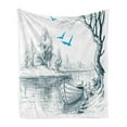 thumbnail image 1 of Landscape Soft Flannel Fleece Blanket, Boat on Calm River Trees Birds Twigs Sketch Drawing Clipart Water Minimalist, Cozy Plush for Indoor and Outdoor Use, 50" x 60", White Grey Blue, by Ambesonne, 1 of 6