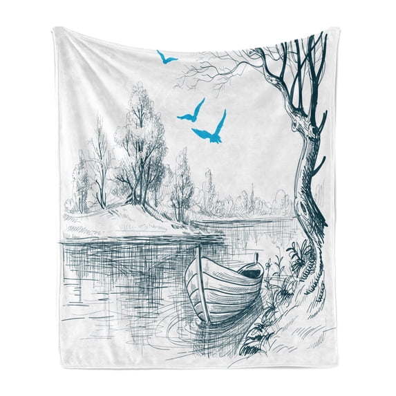 Landscape Soft Flannel Fleece Blanket, Boat on Calm River Trees Birds Twigs Sketch Drawing Clipart Water Minimalist, Cozy Plush for Indoor and Outdoor Use, 50" x 70", White Grey Blue, by Ambesonne