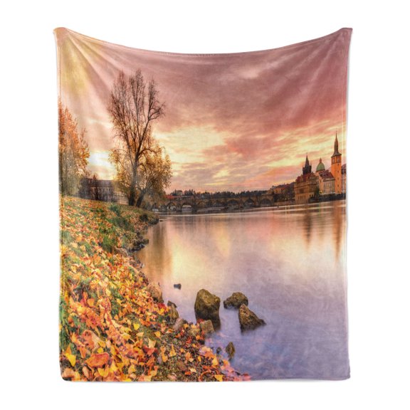Landscape Soft Flannel Fleece Blanket, Bohemian Old Town Scenery by the River with Gothic Buildings in the Fall Sunset, Cozy Plush for Indoor and Outdoor Use, 70" x 90", Pink Orange, by Ambesonne