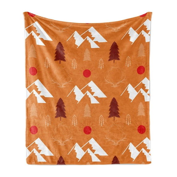 Landscape Soft Flannel Fleece Blanket, Boho Rustic Symmetric Image of Suns Mountains Fir Trees and Antlers, Cozy Plush for Indoor and Outdoor Use, 50" x 70", Orange Burgundy Scarlet, by Ambesonne