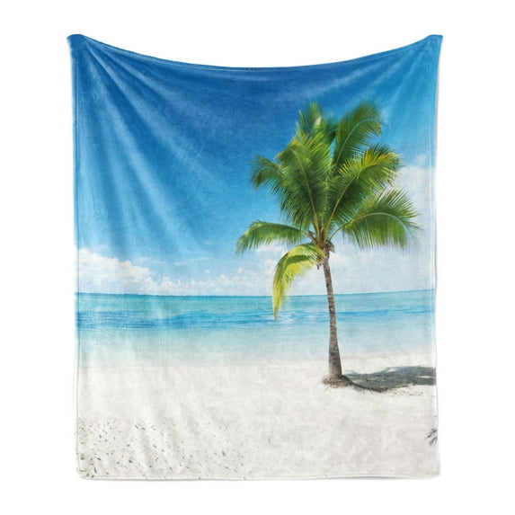 Landscape Soft Flannel Fleece Blanket, Caribbean Maldives Beach Island Sea Ocean Palm Trees Artwork Print, Cozy Plush for Indoor and Outdoor Use, 50" x 60", Sky Blue Green and White, by Ambesonne