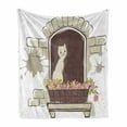 thumbnail image 1 of Landscape Soft Flannel Fleece Blanket, Cartoon Animal Cat Pet Smile Positive Morning Apartment Window Artwork, Cozy Plush for Indoor and Outdoor Use, 50" x 60", Umber Black and White, by Ambesonne, 1 of 5