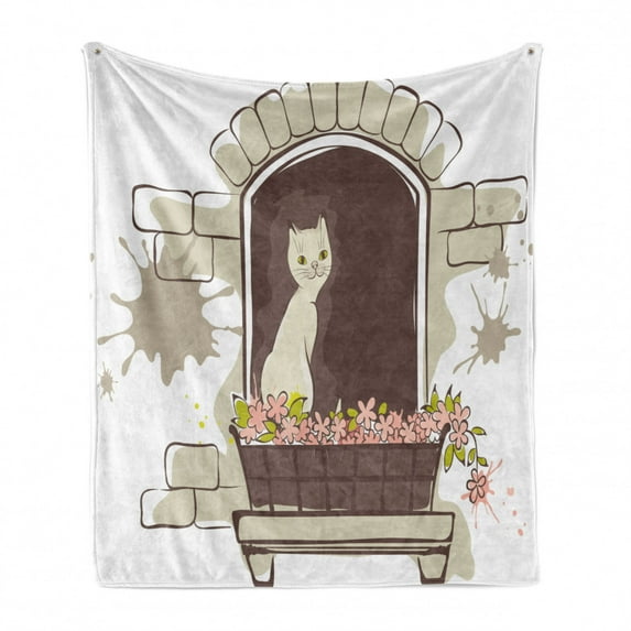 Landscape Soft Flannel Fleece Blanket, Cartoon Animal Cat Pet Smile Positive Morning Apartment Window Artwork, Cozy Plush for Indoor and Outdoor Use, 50" x 70", Umber Black and White, by Ambesonne