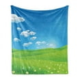 thumbnail image 1 of Landscape Soft Flannel Fleece Blanket, Cartoon Scenery Clouds Valley Hills Grass Sunbeams Flowers Artprint Image, Cozy Plush for Indoor and Outdoor Use, 50" x 70", Blue White Green, by Ambesonne, 1 of 5