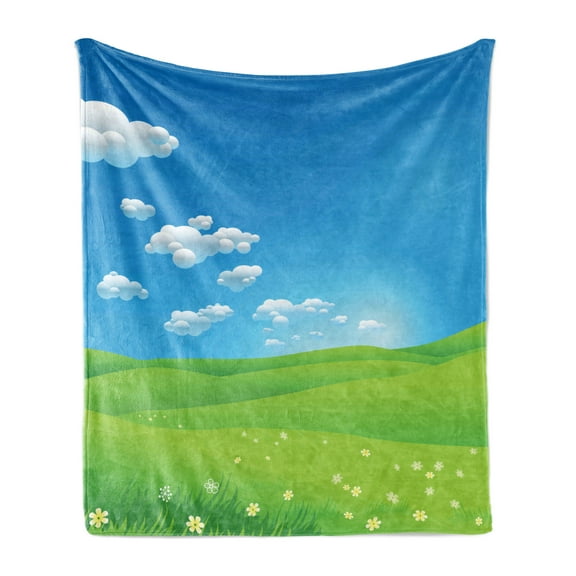 Landscape Soft Flannel Fleece Blanket, Cartoon Scenery Clouds Valley Hills Grass Sunbeams Flowers Artprint Image, Cozy Plush for Indoor and Outdoor Use, 50" x 70", Blue White Green, by Ambesonne
