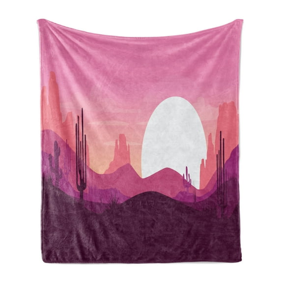 Landscape Soft Flannel Fleece Blanket, Cartoon Style Desert with Mountains Dunes and Cactus Silhouettes Arizona Sundown, Cozy Plush for Indoor and Outdoor Use, 60" x 80", Multicolor, by Ambesonne