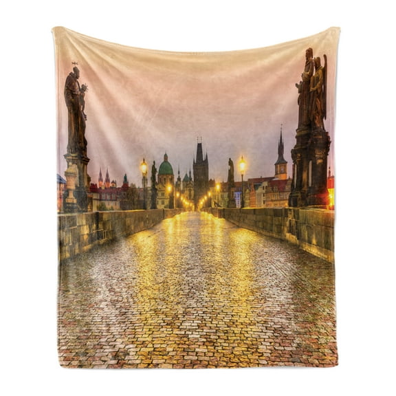 Landscape Soft Flannel Fleece Blanket, Charles Bridge Old Town Prague Czech Republic with Classic Medieval Buildings, Cozy Plush for Indoor and Outdoor Use, 60" x 80", Yellow Brown, by Ambesonne