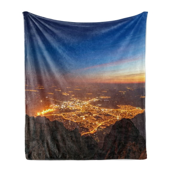Landscape Soft Flannel Fleece Blanket, City at Night Time Twilight Skyline Panoramic View over Mountaintop Print, Cozy Plush for Indoor and Outdoor Use, 50" x 70", Brown Orange Blue, by Ambesonne