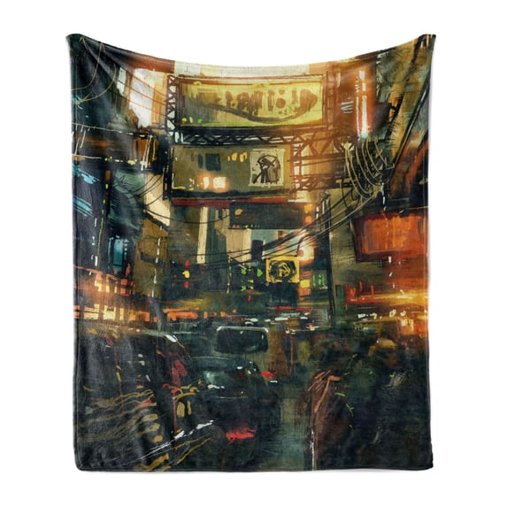 Landscape Soft Flannel Fleece Blanket, Cityscape of a Metropolitan Colorful Traffic Jam Crowded Image Photograph Print, Cozy Plush for Indoor and Outdoor Use, 50" x 70", Multicolor, by Ambesonne