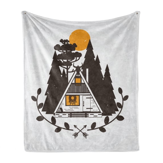 Landscape Soft Flannel Fleece Blanket, Cottage House and Mountain Forest Scene Sun Wild Herbs Natural Living Eco, Cozy Plush for Indoor and Outdoor Use, 50" x 60", Brown and Marigold, by Ambesonne