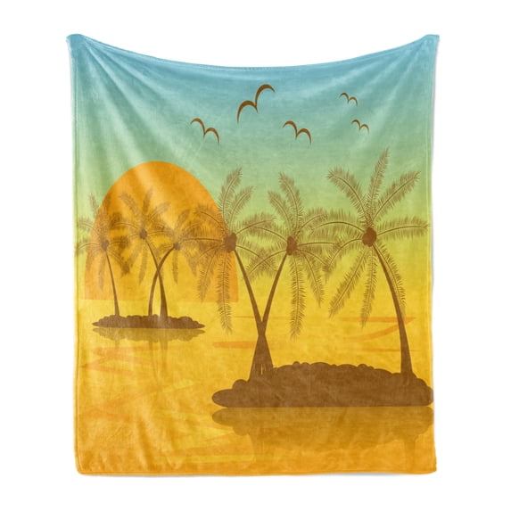 Landscape Soft Flannel Fleece Blanket, Digitally Generated Art Summer Islands Art Palm Trees Birds Illustration, Cozy Plush for Indoor and Outdoor Use, 70" x 90", Seafoam and Orange, by Ambesonne