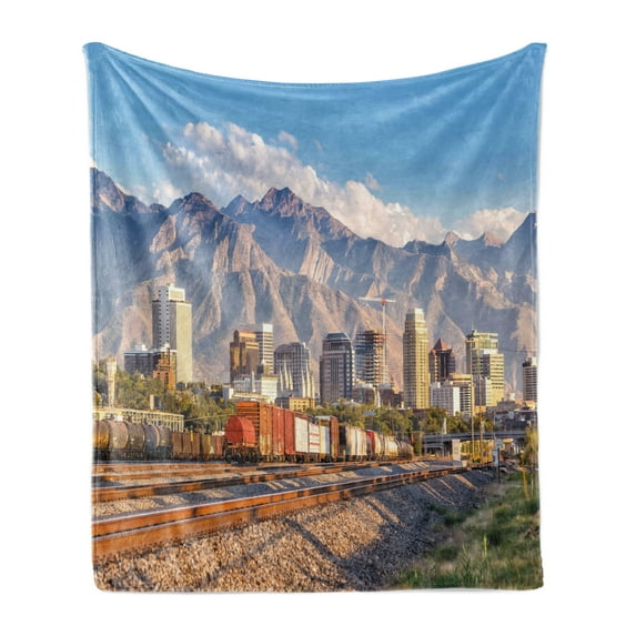 Landscape Soft Flannel Fleece Blanket, Downtown Salt Lake City Skyline in Utah USA Railroads Mountains Buildings Urban, Cozy Plush for Indoor and Outdoor Use, 70" x 90", Multicolor, by Ambesonne