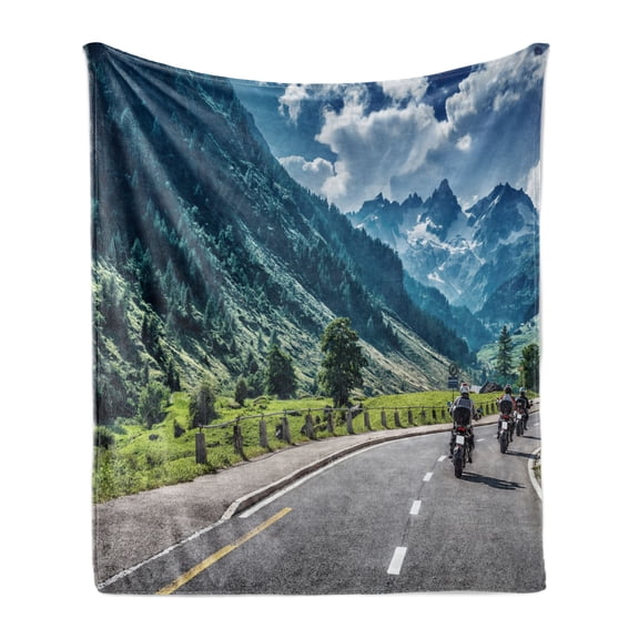 Landscape Soft Flannel Fleece Blanket, Freedom Rebel Life Motorcyclists on Road of Mountain Forest Scenery Image Artwork, Cozy Plush for Indoor and Outdoor Use, 60" x 80", Multicolor, by Ambesonne