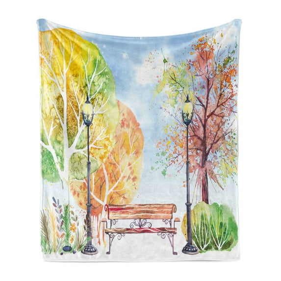 Landscape Soft Flannel Fleece Blanket, Hand Drawn Watercolor Autumn Park Trees Shrubs Bench and Lanterns Nature Artwork, Cozy Plush for Indoor and Outdoor Use, 60" x 80", Multicolor, by Ambesonne