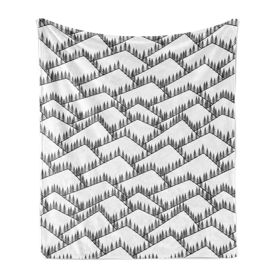 Landscape Soft Flannel Fleece Blanket, Image of Triangular Shaped Mountain Ranges with Spruce Trees on Top, Cozy Plush for Indoor and Outdoor Use, 50" x 60", White and Charcoal Grey, by Ambesonne