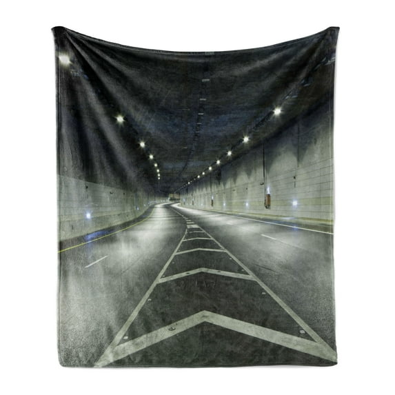 Landscape Soft Flannel Fleece Blanket, Interior Urban Tunnel Traffic Empty Road Modern City Highway Photo, Cozy Plush for Indoor and Outdoor Use, 50" x 60", Navy Dark Blue and White, by Ambesonne