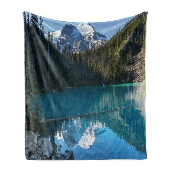 Landscape Soft Flannel Fleece Blanket, Lake in Northern Canada with Slim Trees and Snowy Frozen Mountain Novelty, Cozy Plush for Indoor and Outdoor Use, 70" x 90", Blue White Green, by Ambesonne