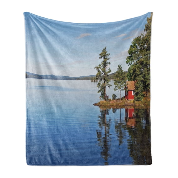 Landscape Soft Flannel Fleece Blanket, Lakeside Photo with Calm Still Water and Small Country House Between Trees Peace, Cozy Plush for Indoor and Outdoor Use, 50" x 60", Multicolor, by Ambesonne