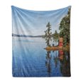 thumbnail image 1 of Landscape Soft Flannel Fleece Blanket, Lakeside Photo with Calm Still Water and Small Country House Between Trees Peace, Cozy Plush for Indoor and Outdoor Use, 70" x 90", Multicolor, by Ambesonne, 1 of 5
